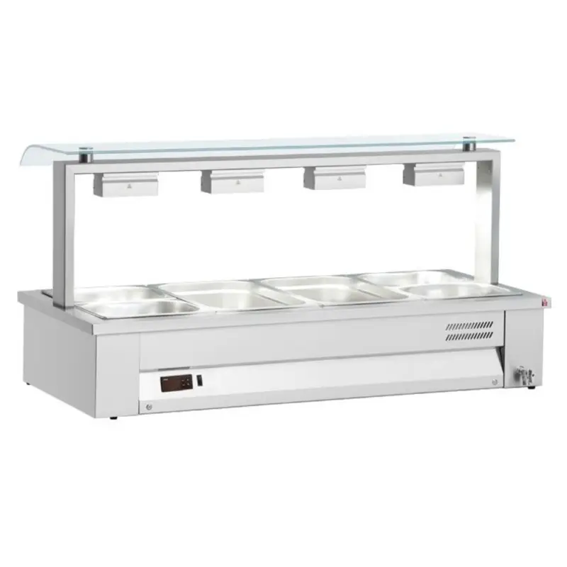Koop Online Bain-Marie | Elektrisch | Enkelzijdig Glasopbouw | Aftapkraan | 3x 1/1 GN | 2.4kW | 1080x630x710(h)mm