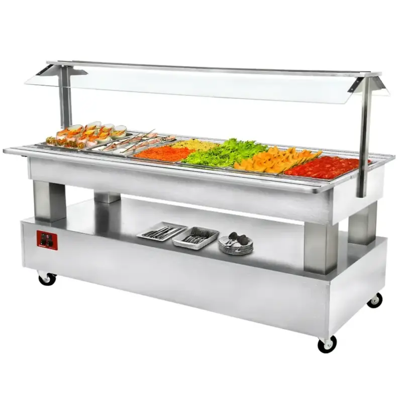 Aanbieding Gekoeld Buffet | GOURMET LINE | Hout/RVS | 6x 1/1 GN | +2°C/+10°C | Statisch | Verlichte Kap | Wielen (Geremd) | 2070x950x1370(h)mm