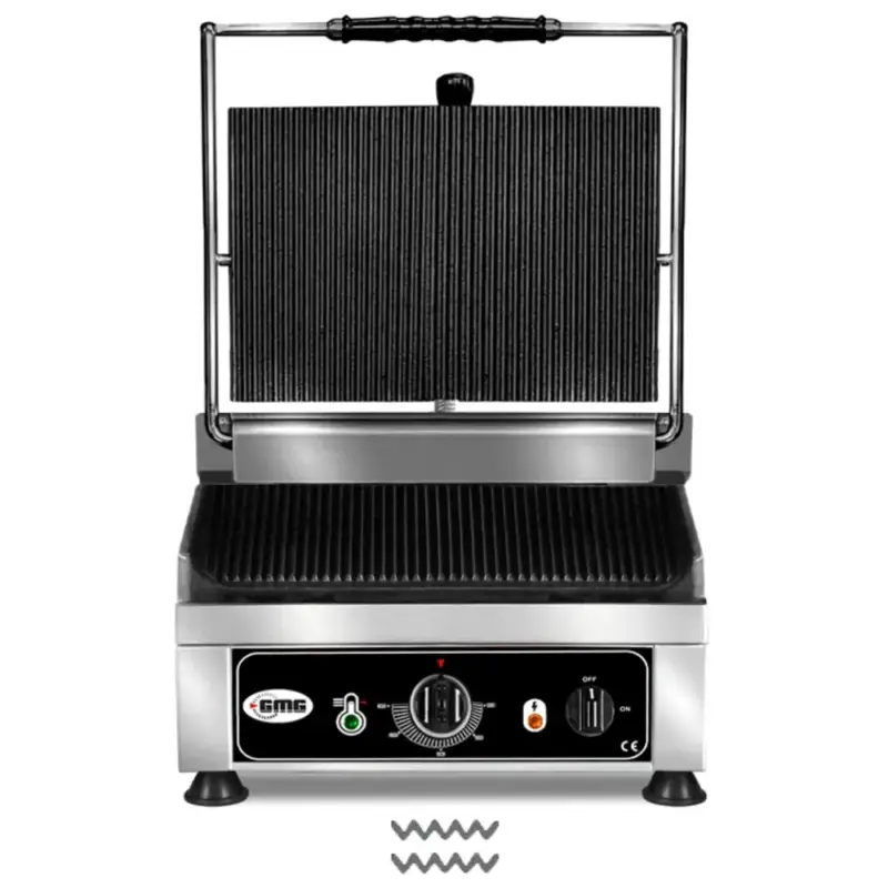 Lage Kosten Contact-/Paninigrill | Enkel | Gegroefd Oppervlak 250x250 (Gietijzer) | 50°C/300°C | 1.75kW (230V) | 290x440x300(h)mm