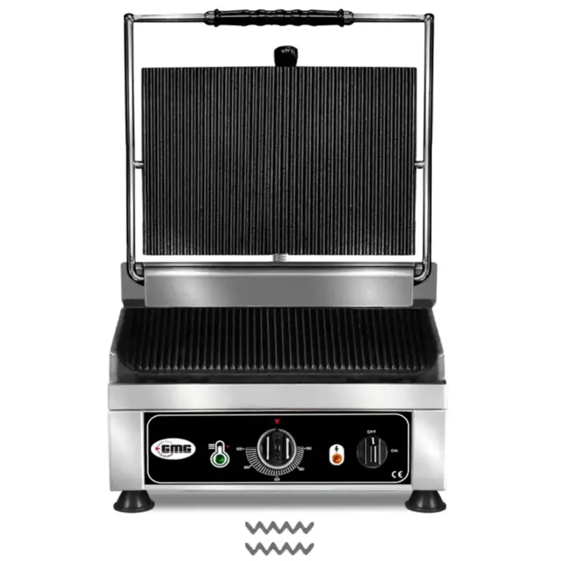 Contact-/Paninigrill | Enkel | Gegroefd Oppervlak 360x270 (Gietijzer) | 50°C/300°C | 2.5kW (230V) | 410x500x300(h)mm Merkproduct