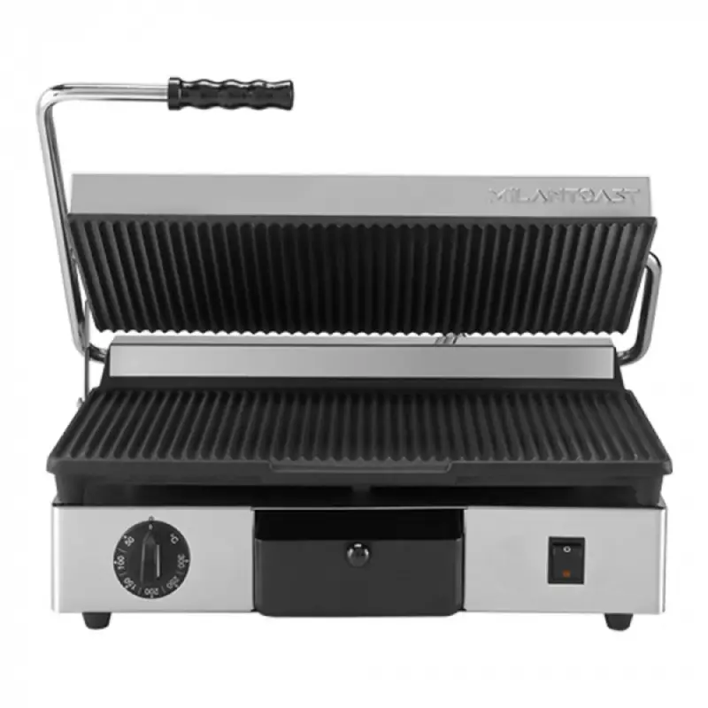 Contact-/Paninigrill | Enkel XL | Gegroefd Oppervlak 430x250 (Gietijzer) | 50°C/300°C | 2.76kW (230V) | 460x380x170(h)mm Hoge Kwaliteit