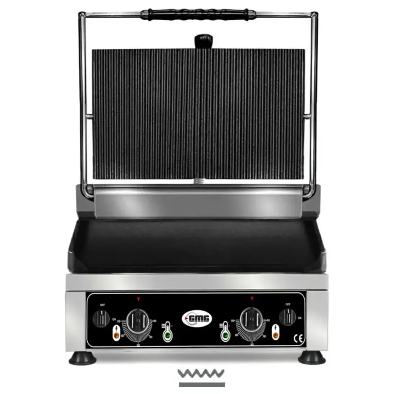 Contact-/Paninigrill | Enkel XL | Glad/Gegroefd Oppervlak 450x270 (Gietijzer) | 50°C/300°C | 3kW (230V) | 510x500x300(h)mm Op = Op