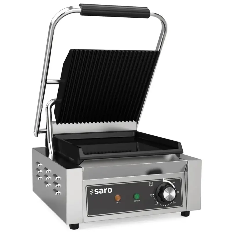 Finale Uitverkoop Contact-/Paninigrill | PG-SERIE | Enkel | Glad/Gegroefd Oppervlak 220x230 (Gietijzer) | 50°C/300°C | 1.8kW (230V) | 320x410x190(h)mm