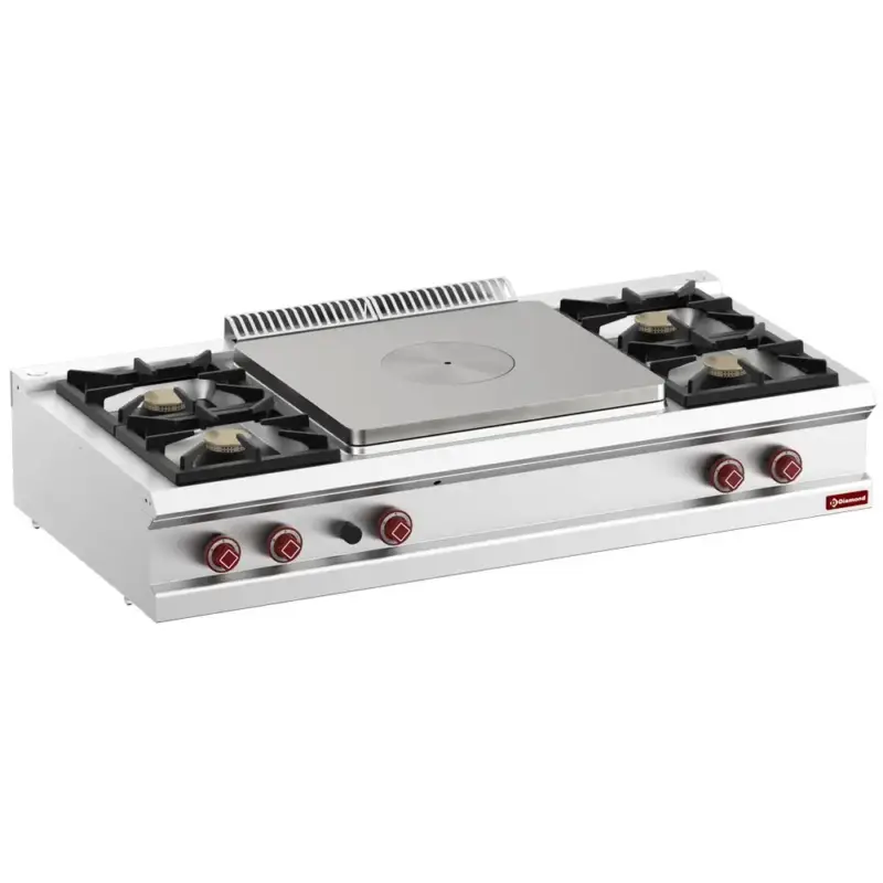 Fornuis/Doorkookplaat | OPTIMA 700 | Gas | 4 Branders (4x 7kW) + Plaat (10kW) | Waakvlam/Piëzo | 1500x700x250/320(h)mm Seizoensaanbieding