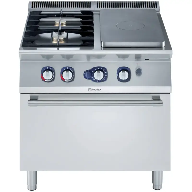 Actieprijs Fornuis/Doorkookplaat + Oven | e-XP 700 | Gas | 2 Branders (2x 5.5kW) + Plaat (3.8kW) + 2/1 GN Oven (6kW) | Waakvlam/Piëzo | 800x730x850/900(h)mm