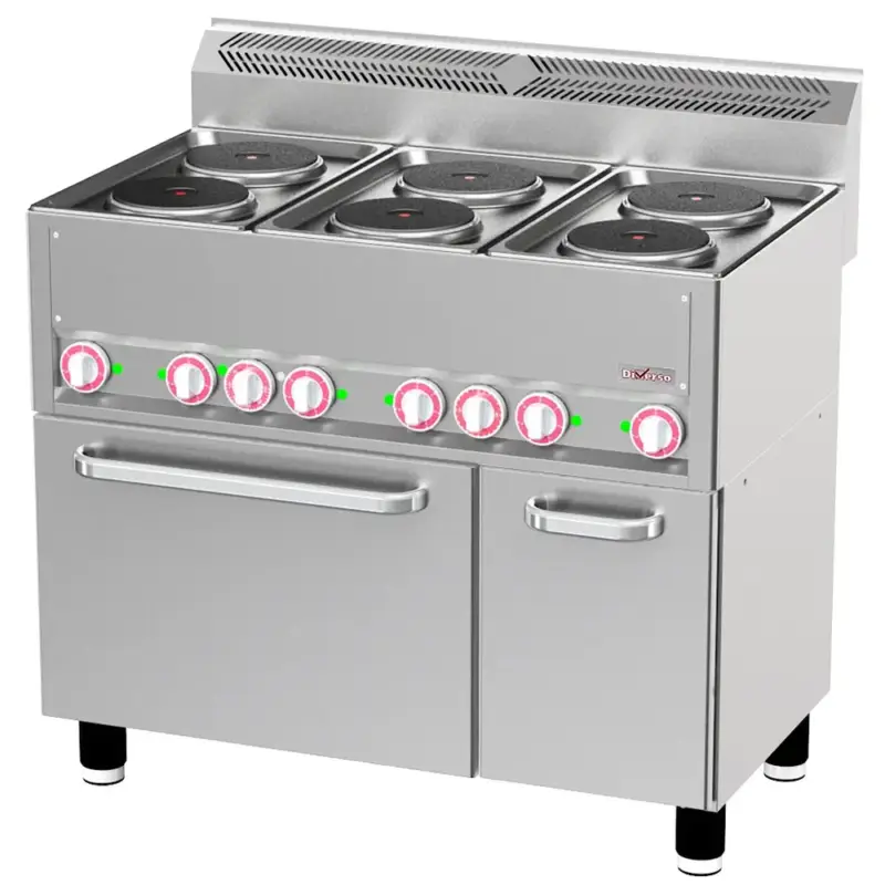 Fornuis + Heteluchtoven | COOKING LINE 600 | Elektrisch | 6 Kookpunten (Ø180) + 1/1 GN Oven | 15.13kW (400V) | Neutraal Vak | 990x600x890/1035(h)mm Koop Online