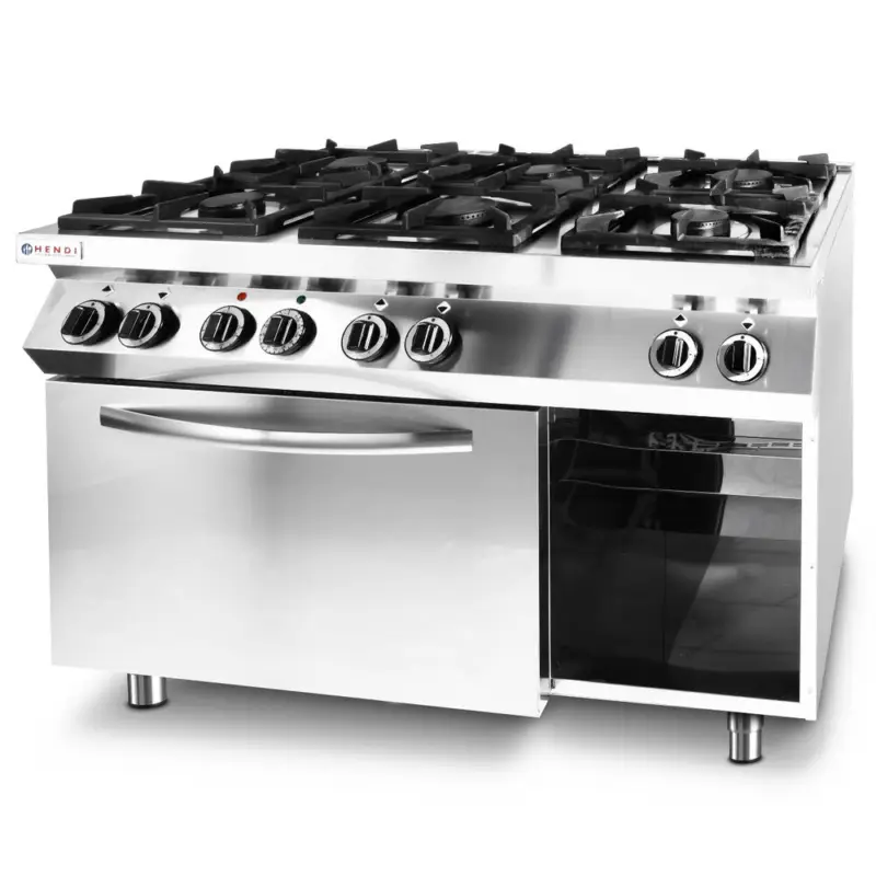 Favoriet Fornuis + Heteluchtoven | KitchenLine | Gas/Elektrisch | 6 Branders (28.5kW) | Oven 1/1 GN (3kW-230V) | Open Vak | 1200x700x900(h)mm
