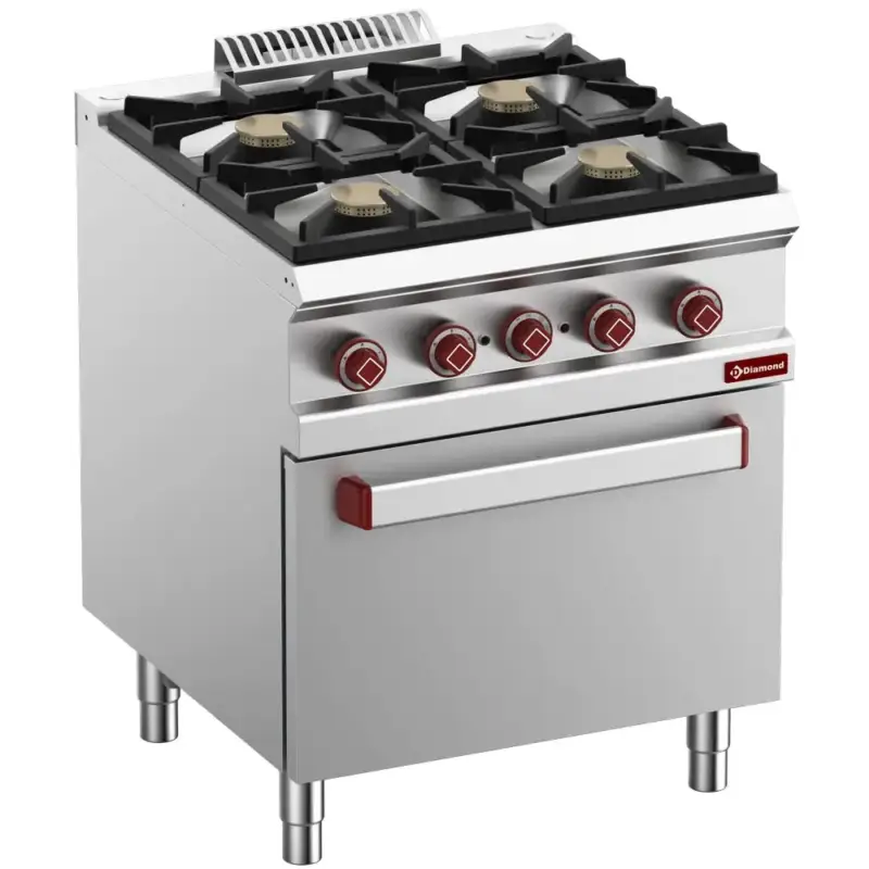 Fornuis + Oven | OPTIMA 700 | Gas/Elektrisch | 4 Branders (4x 7kW) + 2/1 GN Oven/Grill (5.3kW-400V) | Waakvlam | 700x700x850/920(h)mm Beste Prijs
