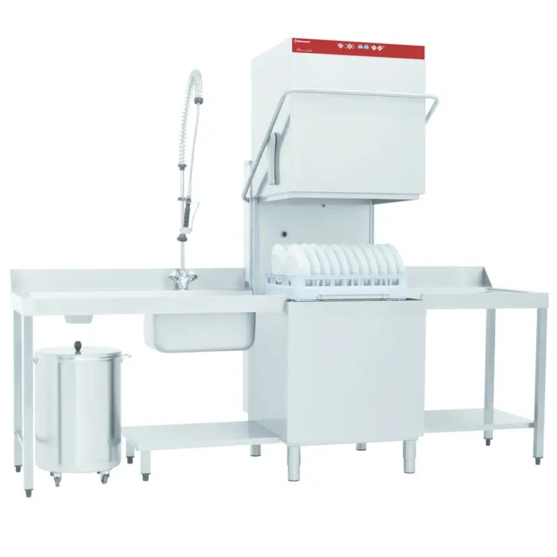 Betaalbaar Horeca vaat/pottenwasserdoorschuif met inlooptafel, uitlooptafel en spoeldouchekraan | 600x500mm mand + waterverzachter| 400V | 2620x740x1510/1945(h)mm