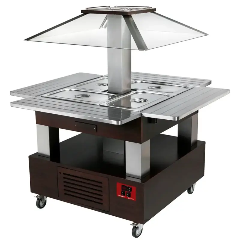 Gekoeld Buffet | GOURMET LINE | Hout/RVS | 4x 1/1 GN | +2°C/+10°C | Statisch | Verlichte Kap | Wielen (Geremd) | 1435x1435x1540(h)mm Beste Prijs