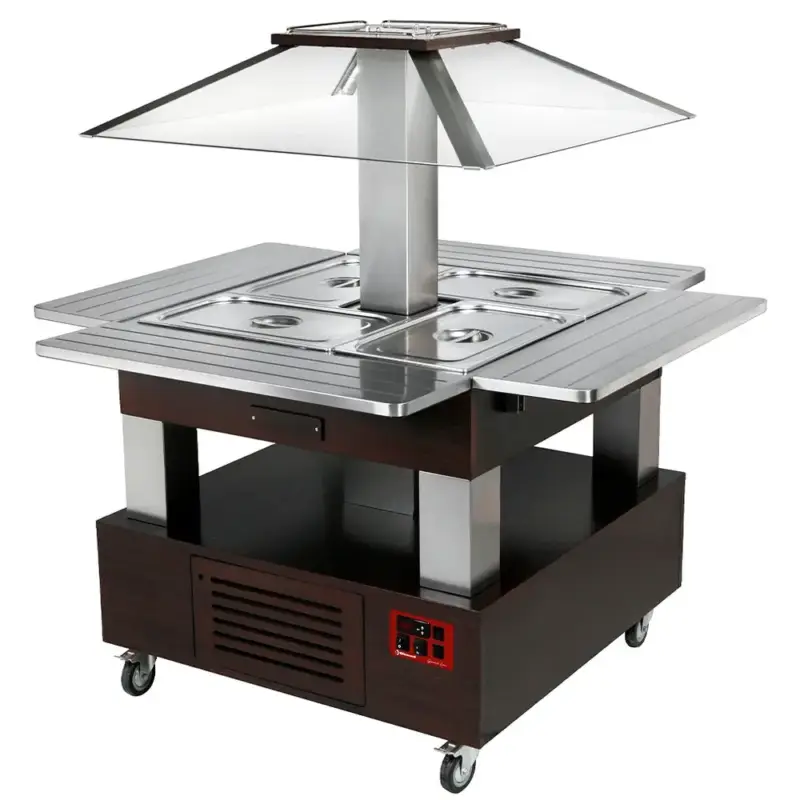 Uitverkoop Gekoeld Buffet | GOURMET LINE | Hout/RVS | 4x 1/1 GN | +2°C/+10°C | Statisch | Automatische Liftkap (Verlicht) | Wielen (Geremd) | 1435x1435x1540(h)mm