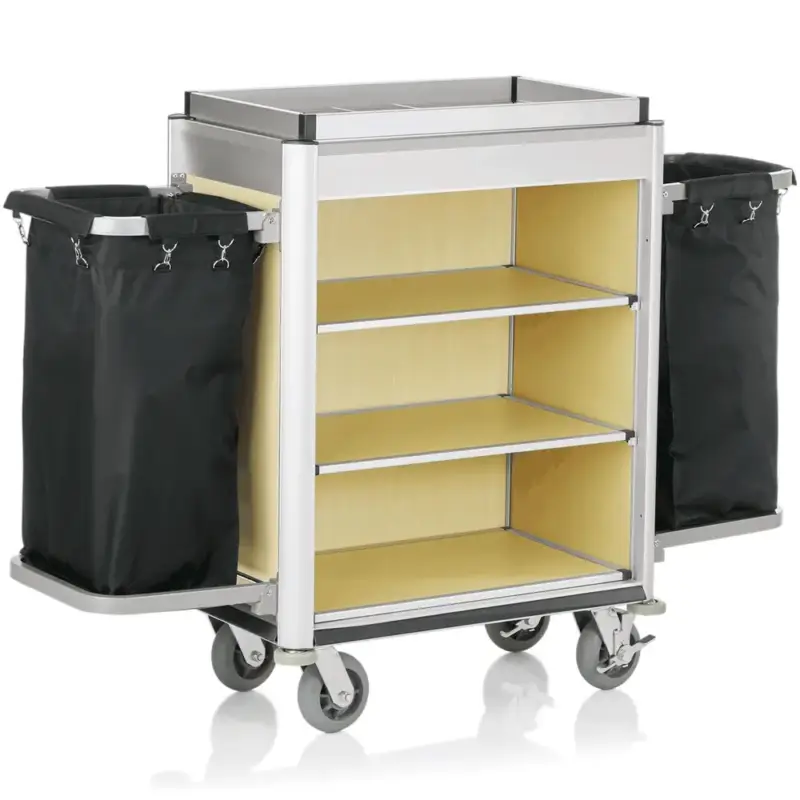 Hoge Kwaliteit Huishoudwagen | ISABELLA | Aluminium/Hout | 3 Niveaus | Incl. Waszakken | Wielen (Geremd) | 1550x550x1160(h)mm