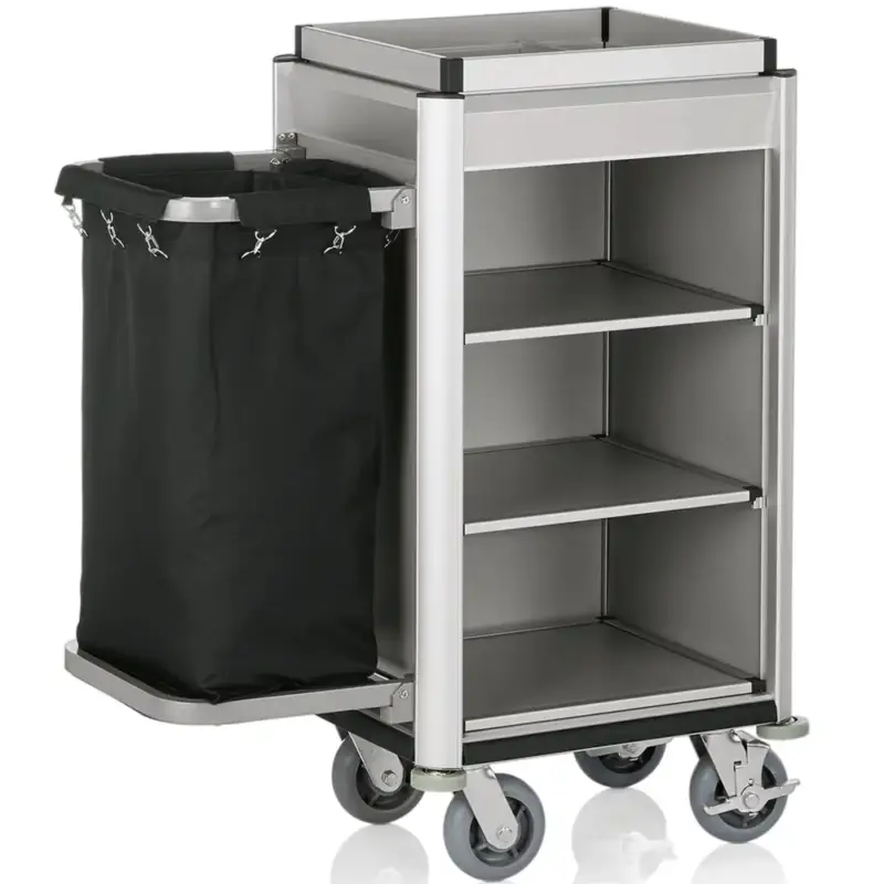 Merkproduct Huishoudwagen | ISABELLA | Aluminium/Hout | 3 Niveaus | Incl. Waszak | Wielen (Geremd) | 950x550x1160(h)mm