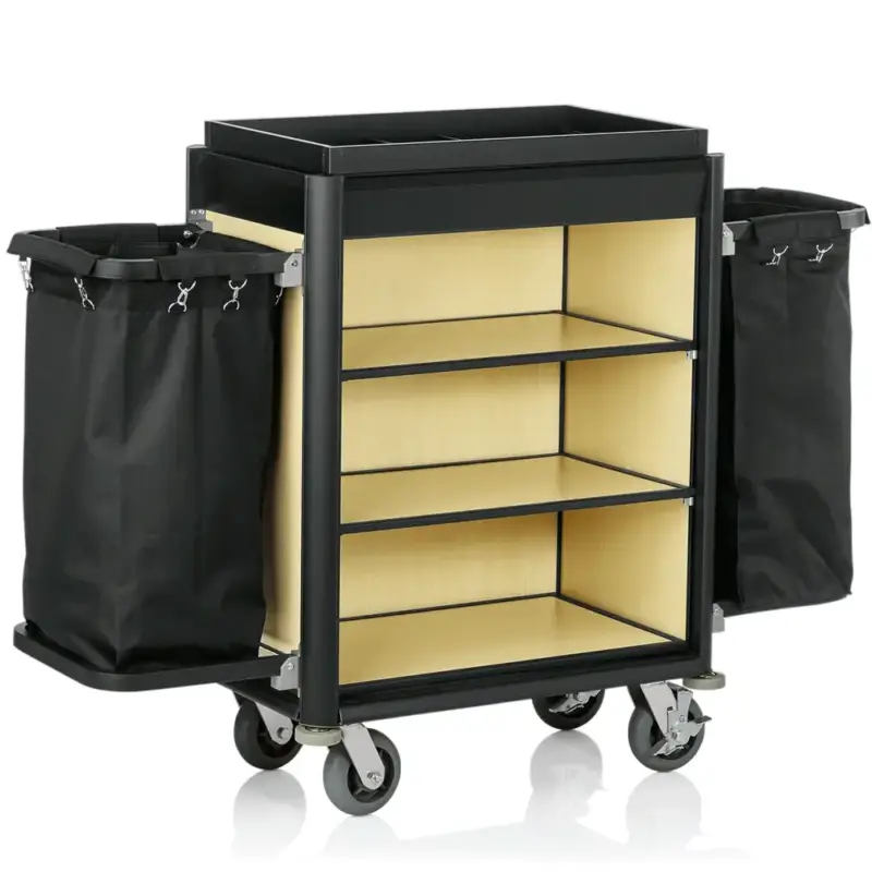 Nu Kopen Huishoudwagen | ISABELLA | Aluminium/Hout | 3 Niveaus | Incl. Waszakken | Wielen (Geremd) | 1550x550x1160(h)mm
