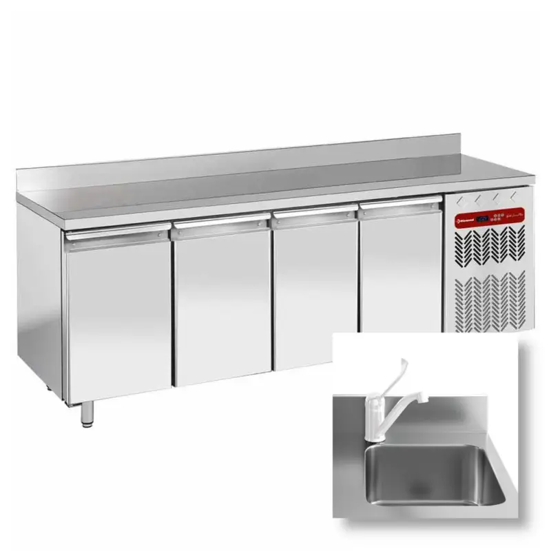 Gecertificeerd Koelwerkbank | Energiezuinig | Spoelbak | 550L | 4 Deuren (1/1 GN) | -2°C/+8°C | Geforceerd | 0.36kW | Achteropstand | 2250x700x880/985(h)mm