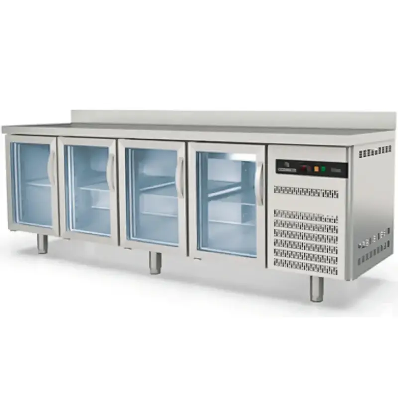 Seizoensaanbieding Koelwerkbank | S-LINE | 543L | 4 Glasdeuren (1/1 GN) | -2°C/+8°C | Geforceerd | Temperatuuralarm | Achteropstand | 2245x700x850/950(h)mm