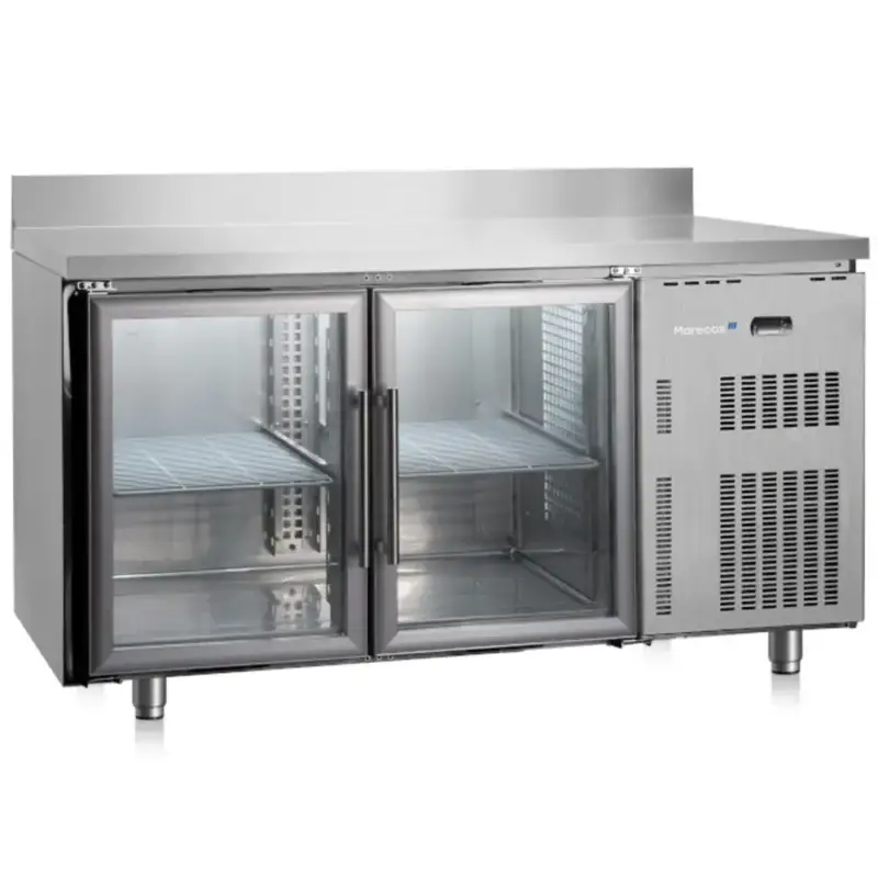Koelwerkbank | SOFTLINE | 234L | 2 Glasdeuren (2/3 GN) | +1°C/+8°C | Geforceerd | Achteropstand | 1500x600x850(h)mm Betrouwbaar