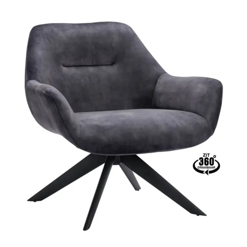 Shop Nu Loungestoel | HARIS | Fluweel/Metaal | Anthracite | Zwarte Poten | Indoor | 780x760x780(h)mm