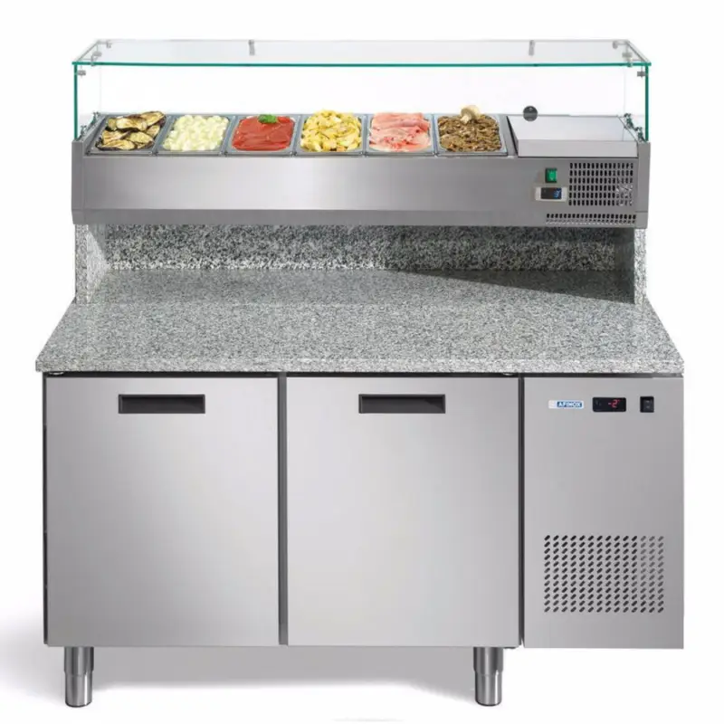 Pizzawerkbank + Opzetkoelvitrine | FRESH PIZZA | 390L | 2 Deuren (EN600x400) | Boven 6x 1/3 GN | +2°C/+7°C | Geforceerd | 0.2kW | 1400x800x1400(h)mm Betaalbaar