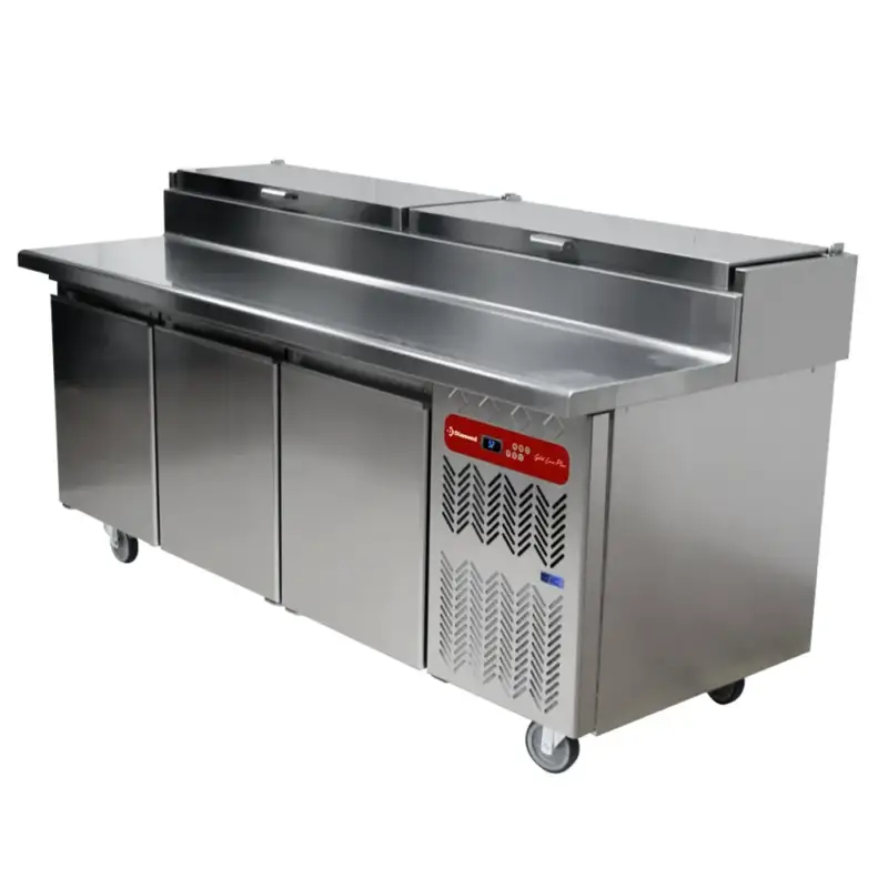 Pizzawerkbank | GOLD LINE PLUS | 457L | 3 Deuren (EN600x400) | Boven 10x 1/3 GN | -2°C/+8°C | Statisch + Ventilator | Wielen (Geremd) | 2030x860x875/1075(h)mm Betaalbaar