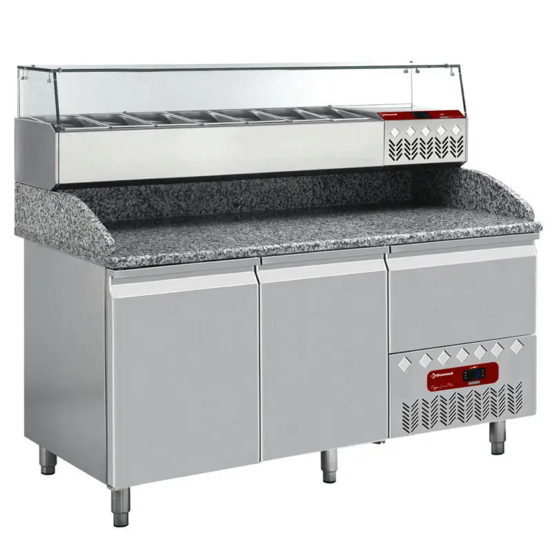 Pizzawerkbank + Opzetkoelvitrine | 270L | 2 Deuren + 1 Lade (EN600x400) | Boven 6x 1/4 GN + 1x 1/9 GN | -2°C/+8°C | Statisch/Geventileerd | 0.32kW | 1610x800x856/1485(h)mm Beperkte Voorraad