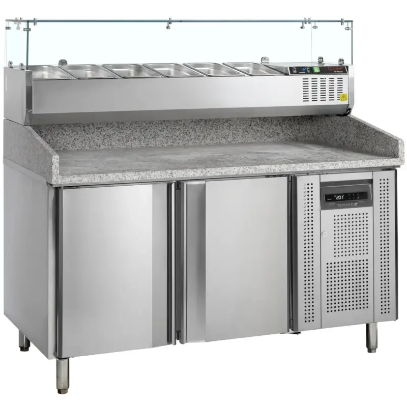 Meest Verkocht Pizzawerkbank + Opzetkoelvitrine | 390L | 2 Deuren (EN600x400) | Boven 6x 1/3 GN | +2°C/+10°C | Geforceerd | 1510x800x1448(h)mm
