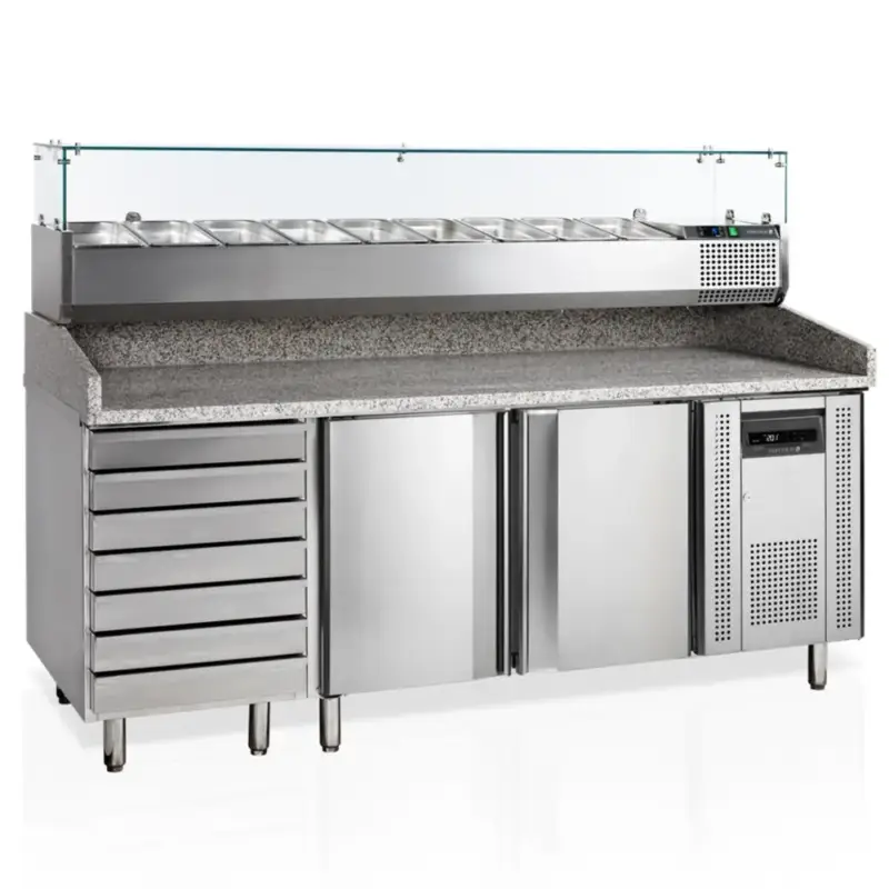 Favoriet Pizzawerkbank + Opzetkoelvitrine | 390L | 2 Deuren + 7 Deegladen (EN600x400) | Boven 8x 1/3 GN + 2x 1/6 GN | +2°C/+10°C | Geforceerd | 2045x800x850/1445(h)mm