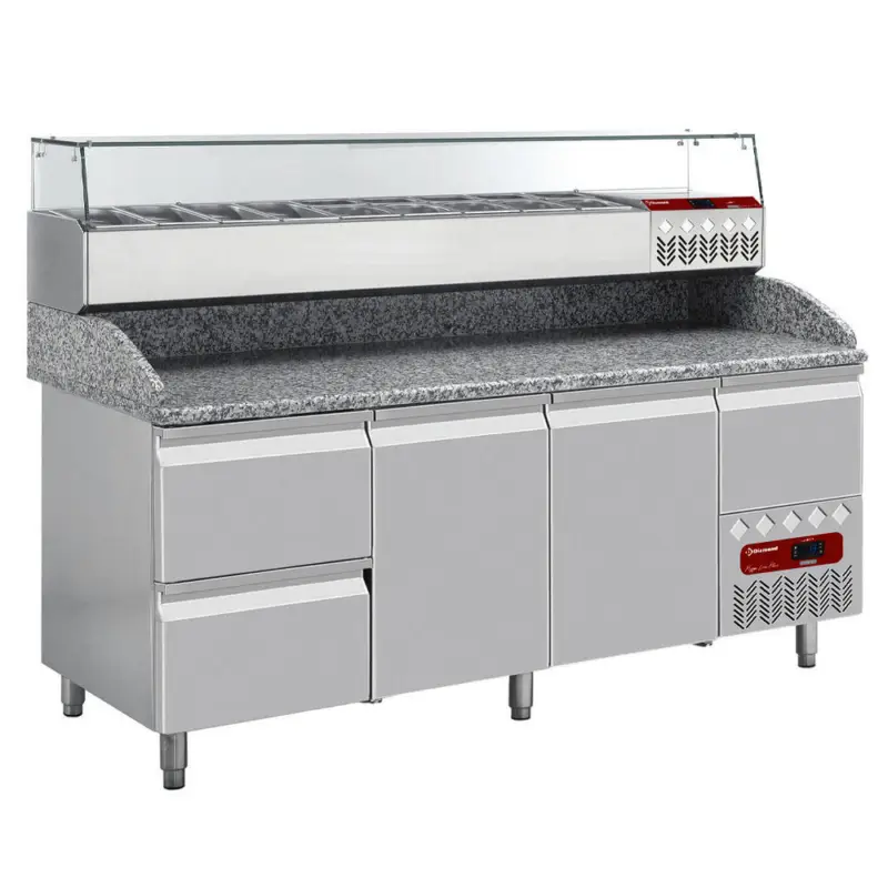 Voordeelprijs Pizzawerkbank + Opzetkoelvitrine | 415L | 2 Deuren + 3 Laden (EN600x400) | Boven 9x 1/4 GN | -2°C/+8°C | Statisch/Geventileerd | 0.32kW | 2020x800x856/1485(h)mm