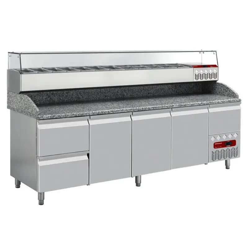 Veilige Betaling Pizzawerkbank + Opzetkoelvitrine | 564L | 3 Deuren + 3 Laden (EN600x400) | Boven 12x 1/4 GN + 1x 1/9 GN | -2°C/+8°C | Statisch/Geventileerd | 0.41kW | 2560x800x856/1485(h)mm