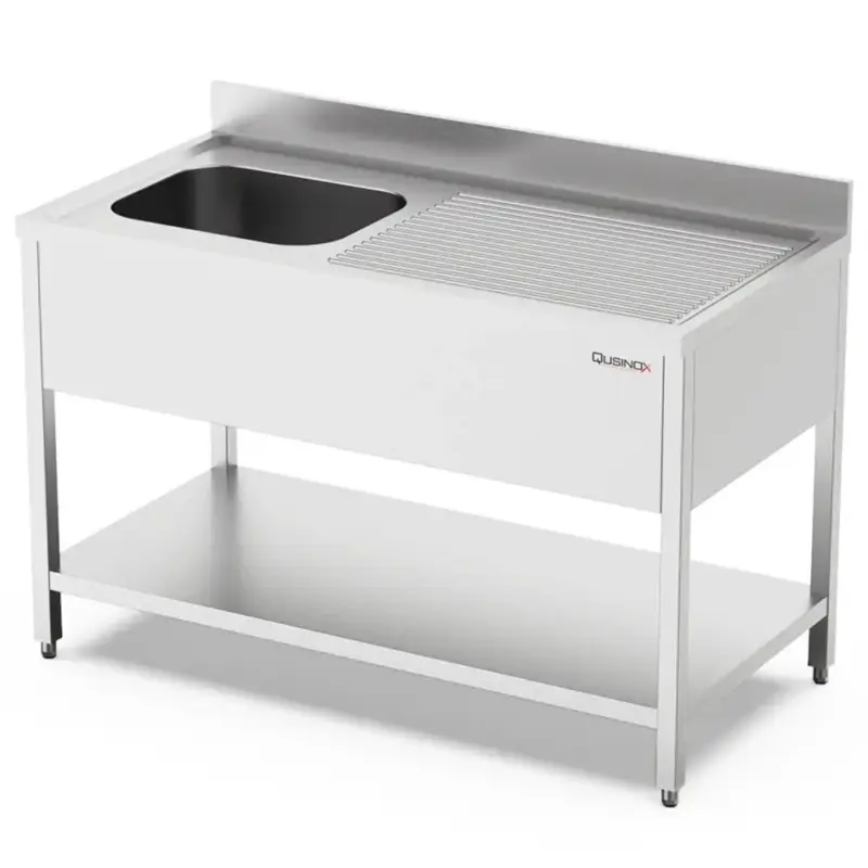 Spoeltafel | 700 LINE | RVS | 1 Spoelbak (Links) + Afdruipvlak | Bodemschap | Achteropstand | Demontabel | 1400x700x900/1000(h)mm Hoge Kwaliteit