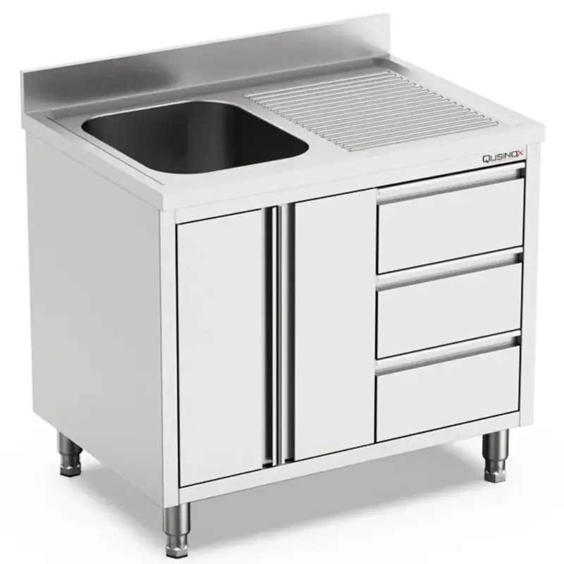 Lage Kosten Spoeltafel | 700 LINE | RVS | 1 Spoelbak (Links) + Afdruipvlak | Draaideuren + Laden | Achteropstand | 1000x700x900/1000(h)mm