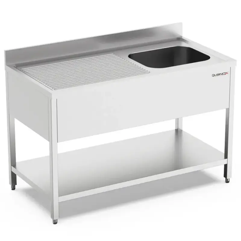 Shop Nu Spoeltafel | 700 LINE | RVS | 1 Spoelbak (Rechts) + Afdruipvlak | Bodemschap | Achteropstand | Demontabel | 1200x700x900/1000(h)mm