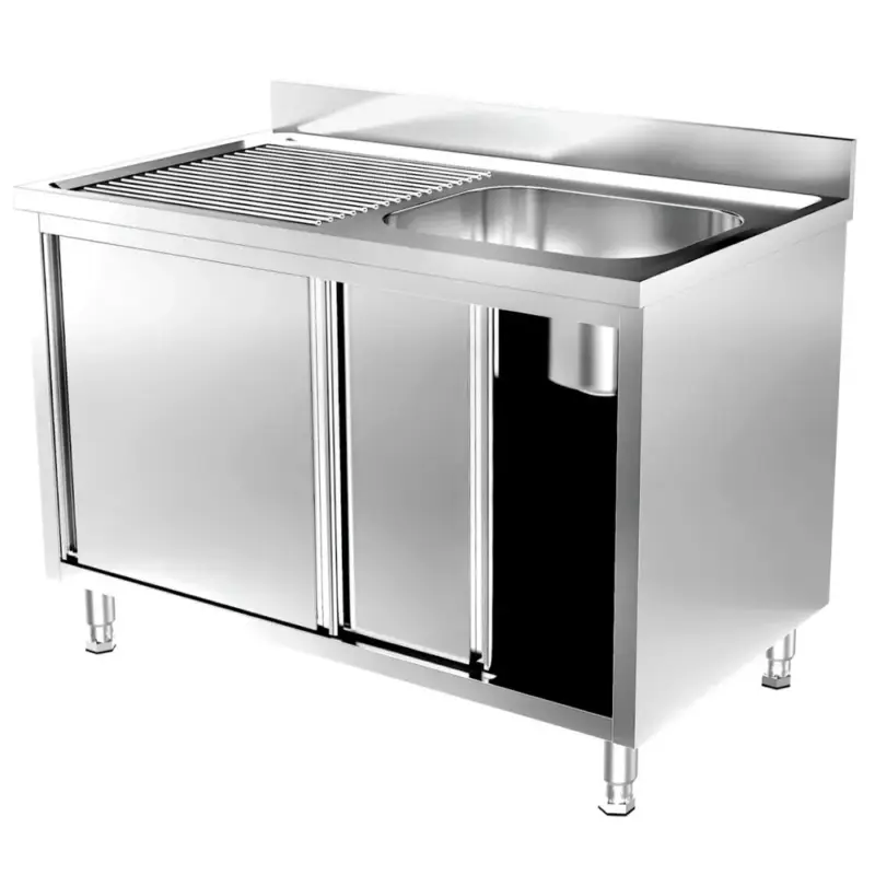 Spoeltafel | 700 LINE | RVS | 1 Spoelbak (Rechts) + Afdruipvlak | Schuifdeuren | Achteropstand | 1400x700x900/1000(h)mm Nu Kopen