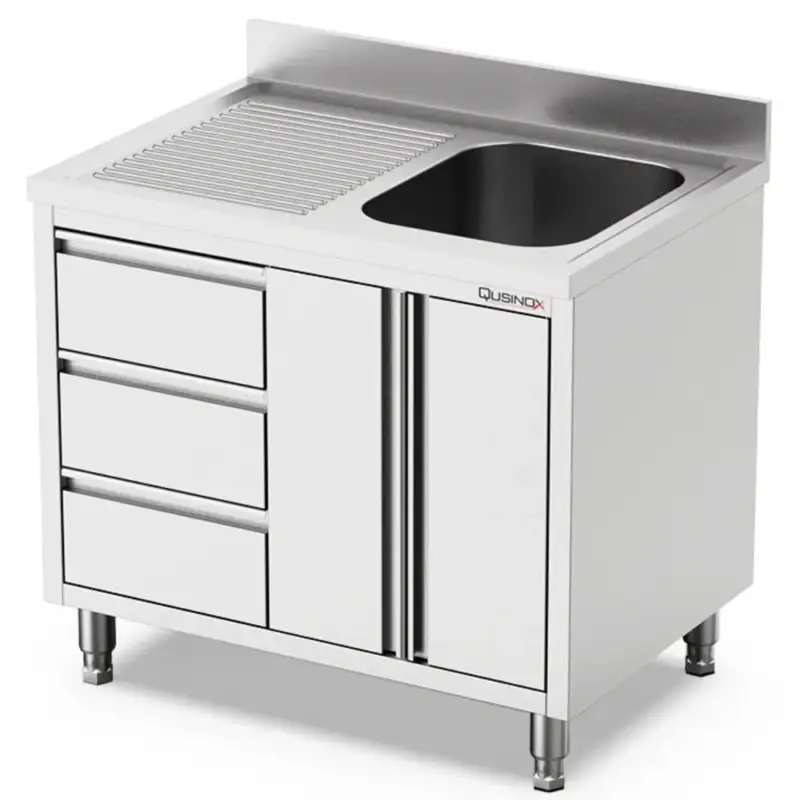 Hoge Kwaliteit Spoeltafel | 700 LINE | RVS | 1 Spoelbak (Rechts) + Afdruipvlak | Draaideuren + Laden | Achteropstand | 1200x700x900/1000(h)mm