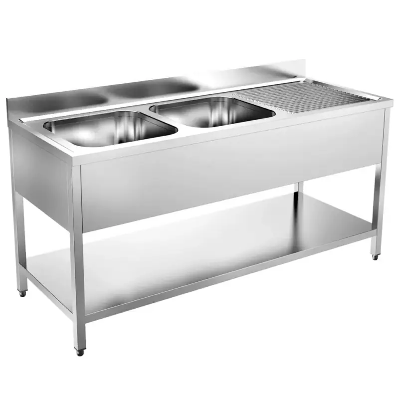 Beperkt Aanbod Spoeltafel | 700 LINE | RVS | 2 Spoelbakken (Links) + Afdruipvlak | Bodemschap | Achteropstand | Demontabel | 1600x700x900/1000(h)mm