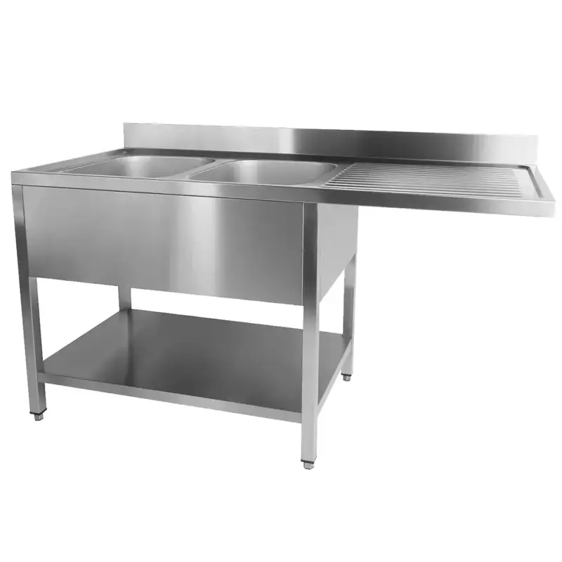 Spoeltafel | 700 LINE | RVS | 2 Spoelbakken (Links) + Afdruipvlak | Bodemschap + Voorlader | Achteropstand | Demontabel | 1600x700x900/1000(h)mm Meest Verkocht