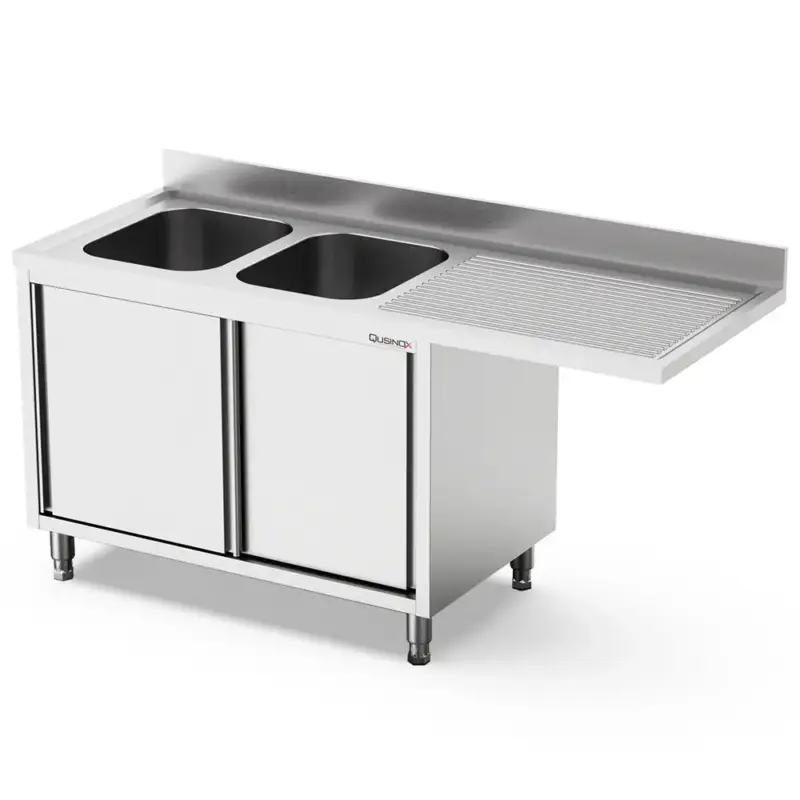Spoeltafel | 700 LINE | RVS | 2 Spoelbakken (Links) + Afdruipvlak | Schuifdeuren + Voorlader | Achteropstand | 1600x700x900/1000(h)mm Bestseller