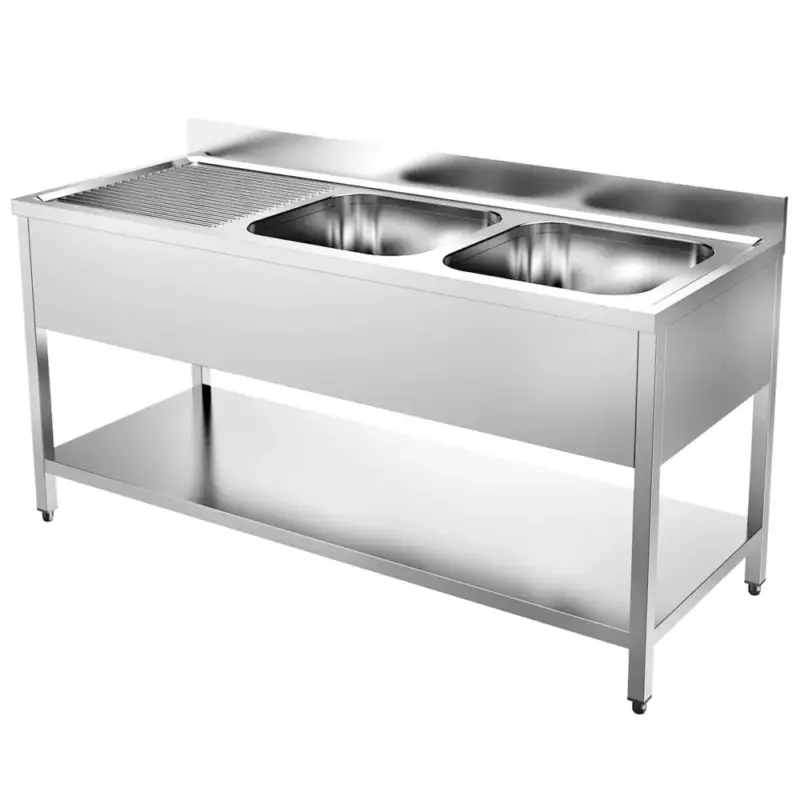 Snelle Levering Spoeltafel | 700 LINE | RVS | 2 Spoelbakken (Rechts) + Afdruipvlak | Bodemschap | Achteropstand | Demontabel | 1600x700x900/1000(h)mm