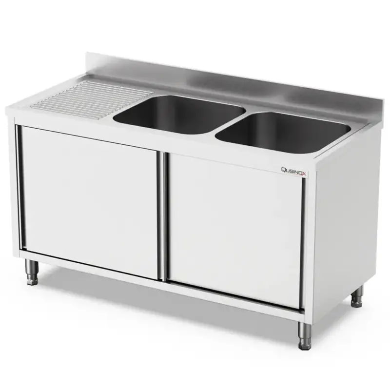Uitverkoop Spoeltafel | 700 LINE | RVS | 2 Spoelbakken (Rechts) + Afdruipvlak | Schuifdeuren | Achteropstand | 1600x700x900/1000(h)mm