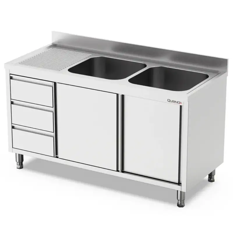 Spoeltafel | 700 LINE | RVS | 2 Spoelbakken (Rechts) + Afdruipvlak | Schuifdeuren + Laden | Achteropstand | 1600x700x900/1000(h)mm Exclusieve Aanbieding