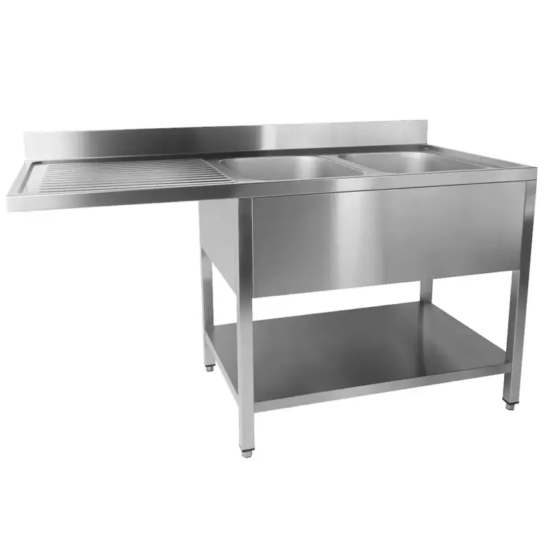 Gecertificeerd Spoeltafel | 700 LINE | RVS | 2 Spoelbakken (Rechts) + Afdruipvlak | Bodemschap + Voorlader | Achteropstand | Demontabel | 1600x700x900/1000(h)mm