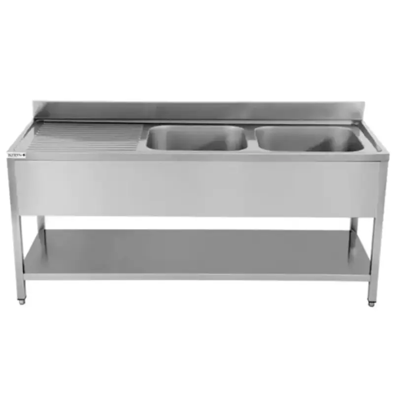 Beperkte Voorraad Spoeltafel | ECO | RVS | 2 Spoelbakken (Rechts) + Afdruipvlak | Bodemschap | Achteropstand | Zelfmontage | 1600x700x850(h)mm