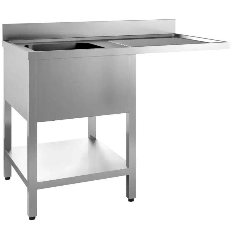 Spoeltafel | PRIME | RVS | 1 Spoelbak (Links) + Afdruipvlak | Bodemschap + Voorlader | Achteropstand | Zelfmontage | 1400x700x850(h)mm Direct Beschikbaar
