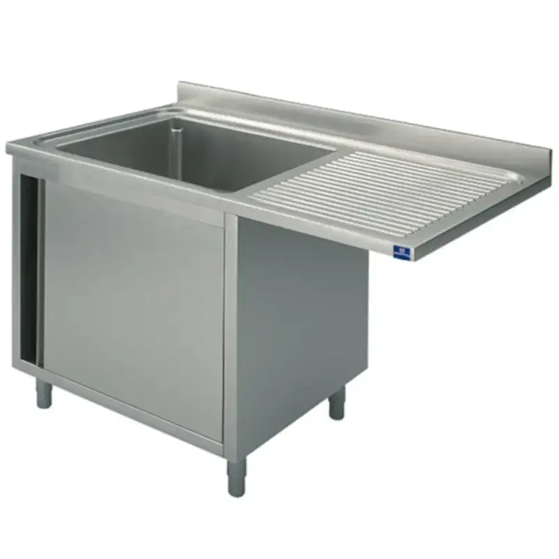 Spoeltafel | RVS | 1 Spoelbak (Links) + Afdruipvlak | Draaideur + Voorlader | Achteropstand | Voorgemonteerd | 1200x700x850/950(h)mm Finale Uitverkoop