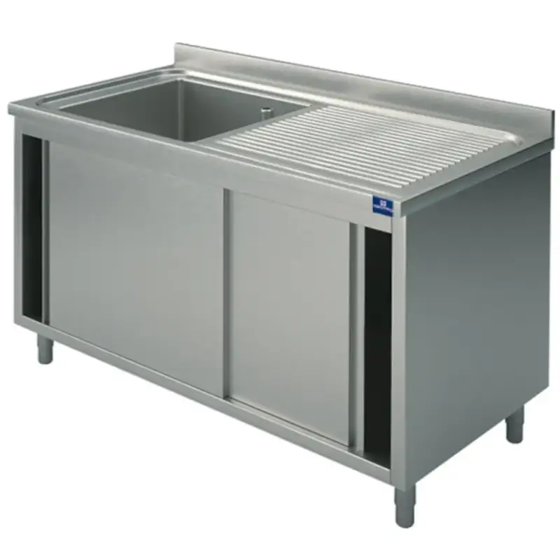 Spoeltafel | RVS | 1 Spoelbak (Links) + Afdruipvlak | Schuifdeuren | Achteropstand | Voorgemonteerd | 1500x700x850/950(h)mm Beperkte Voorraad