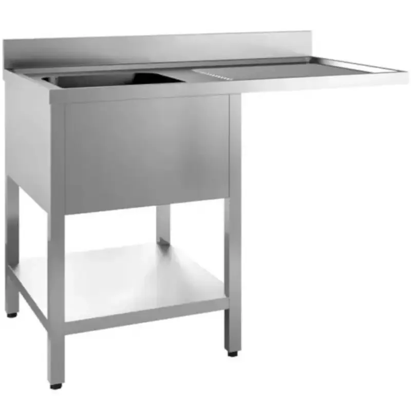 Laatste Versie Spoeltafel | RVS | 1 Spoelbak (Links) + Afdruipvlak | Bodemschap + Voorlader | Achteropstand | Zelfmontage | 1200x700x850(h)mm