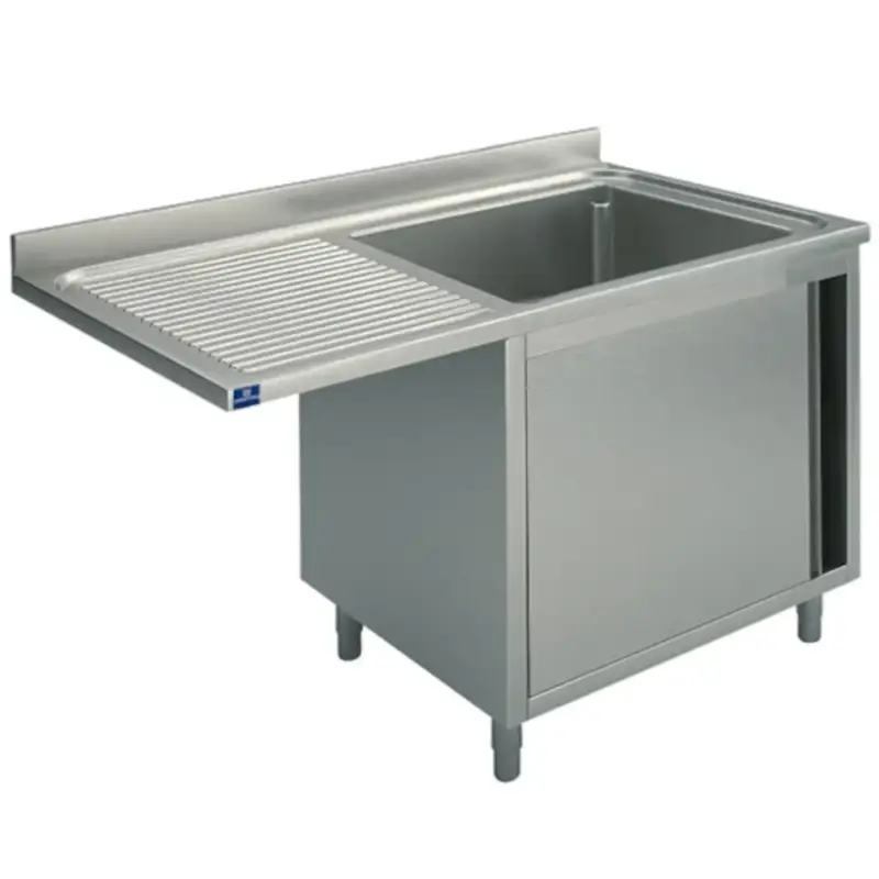 Spoeltafel | RVS | 1 Spoelbak (Rechts) + Afdruipvlak | Draaideur + Voorlader | Achteropstand | Voorgemonteerd | 1200x700x850/950(h)mm Tijdelijk Beschikbaar