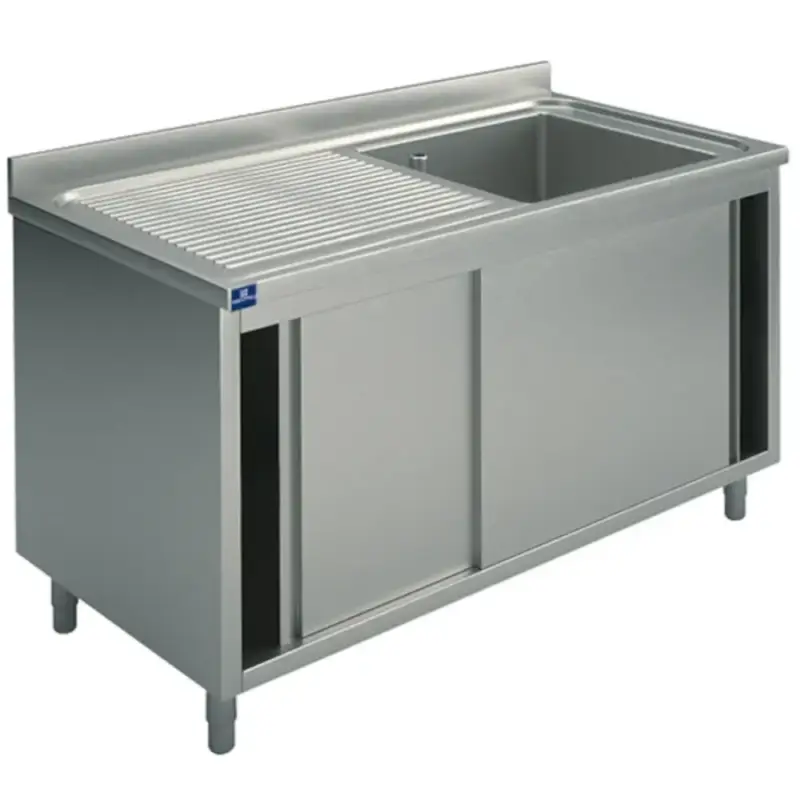 Spoeltafel | RVS | 1 Spoelbak (Rechts) + Afdruipvlak | Schuifdeuren | Achteropstand | Voorgemonteerd | 1400x600x850/950(h)mm Bestel Nu