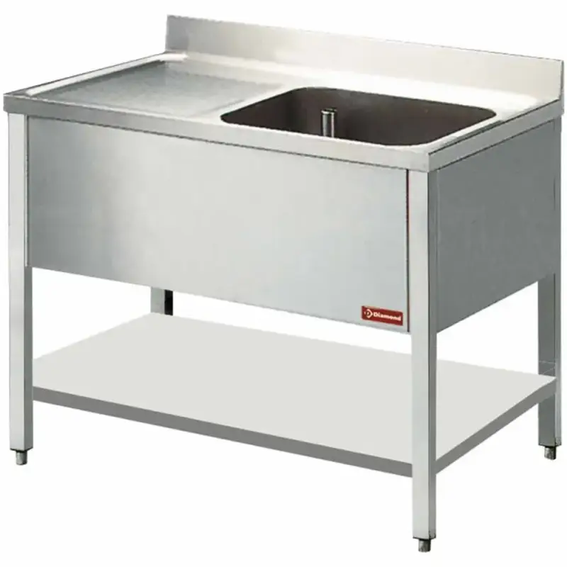 Op = Op Spoeltafel | RVS | 1 Spoelbak (Rechts) + Afdruipvlak | Bodemschap | Achteropstand | 1400x700x880/1000(h)mm