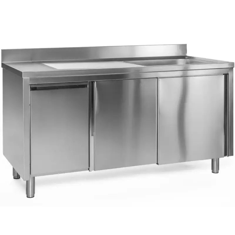 Lage Kosten Spoeltafel | RVS | 1 Spoelbak (Rechts) + Afdruipvlak | Draaideuren + Afvallade | Achteropstand | Voorgemonteerd | 1000x700x850